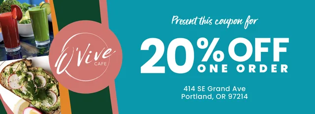 The back: photos of juices and avocado toast beside the O’Vive Café logo, and 20% off one order at 414 SE Grand Ave
