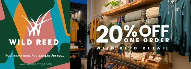 The front of a wide retail discount card: the logo on the patchwork with Real movement. Real people. For real., beside a photo of the studio’s shop and 20% off one order