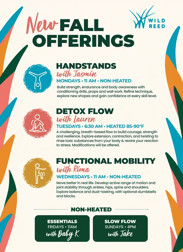 Poster: New fall offerings on cream, with painted reeds at its edges: handstands, detox flow and functional mobility, each with its teacher, day and time