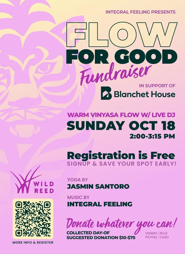 Poster: Flow for Good, a fundraiser for Blanchet House on pink with a tiger’s face: a warm vinyasa flow with a live DJ, Sunday, October 18