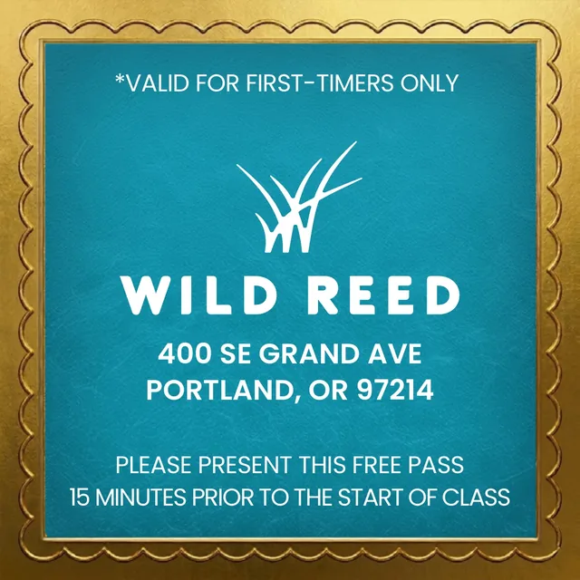 The back of the golden ticket: the white logo and the address on teal inside a scalloped gold frame, valid for first-timers only