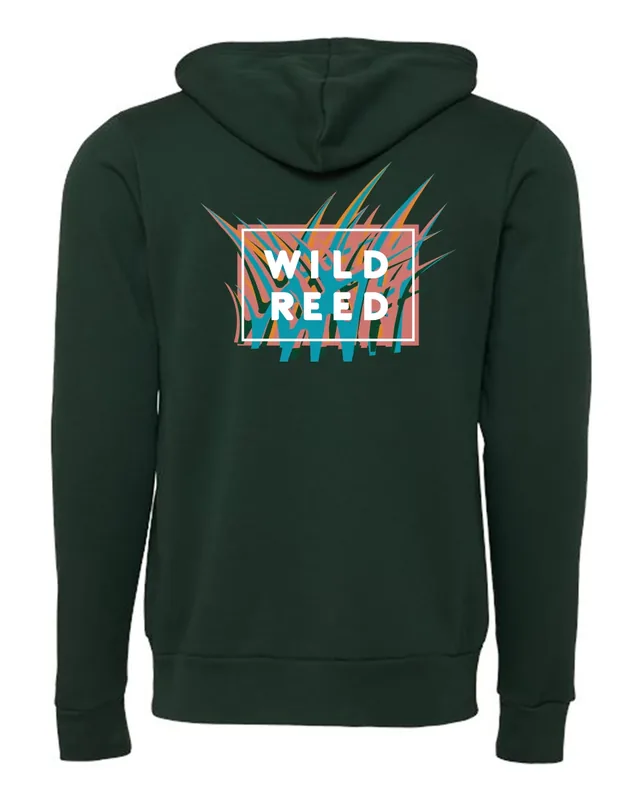 The back of a forest green zip-up hoodie with the patterned Wild Reed badge