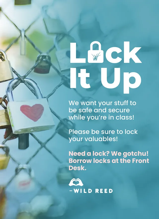 Poster: Lock It Up over padlocks on a fence, the o a padlock holding the reed mark, asking people to lock up their valuables, or borrow a lock at the front desk