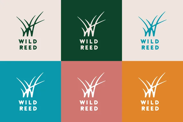 The same logo six times: forest green and teal on linen, linen on forest green, and white on teal, pink and orange