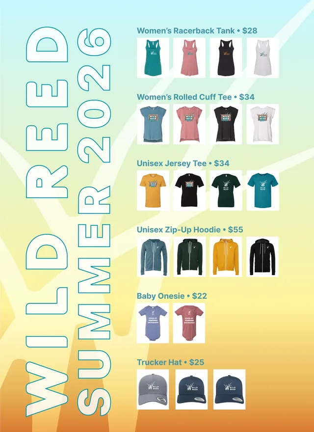 Poster: WILD REED SUMMER 2026 in tall outline letters beside the tanks, tees, hoodies, onesies and trucker hats for sale, with their prices