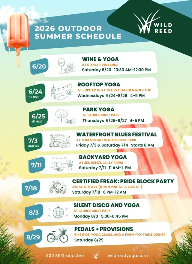 Poster: the 2026 outdoor summer schedule beside a melting popsicle, eight outings from wine and yoga at Stoller Vineyards on June 20 to a bike ride, class and farm-to-table dinner on August 29