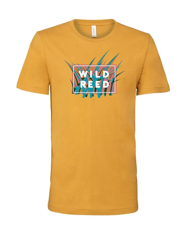 A mustard T-shirt with the patterned Wild Reed badge on the chest