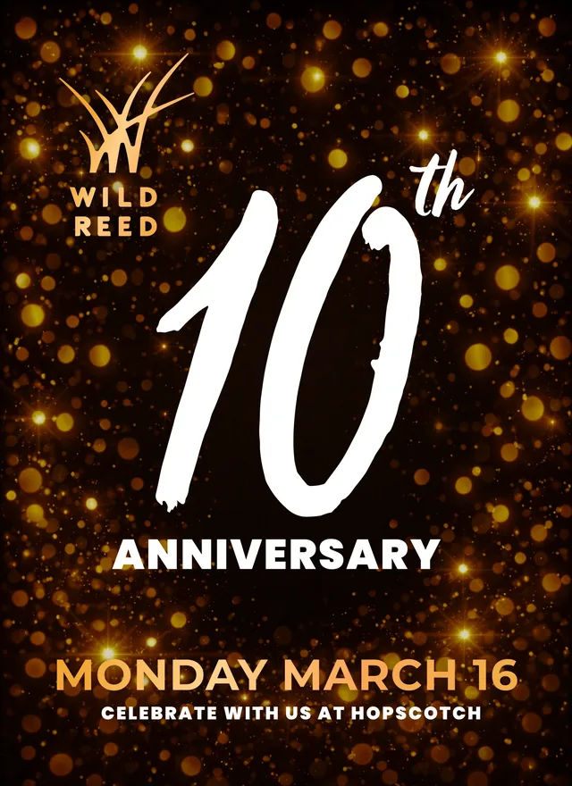 Poster: a huge white brush-script 10th on black with gold sparkles, Anniversary, Monday March 16, celebrate with us at Hopscotch