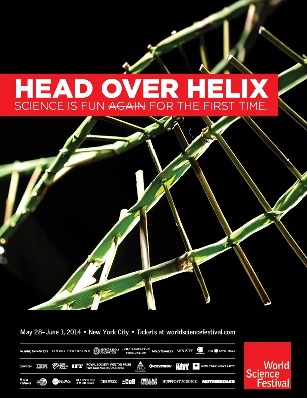 A double helix of green stems on black under a red band: Head over helix, and below it Science is fun again for the first time, with again struck out; the festival’s dates, sponsors and red logo along the bottom