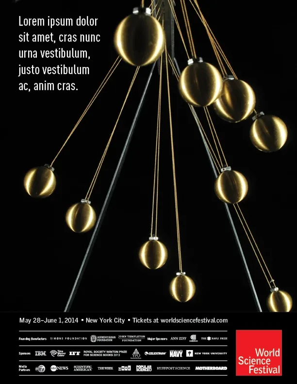 From the first set: gold pendulum balls swinging on long strings, under placeholder text