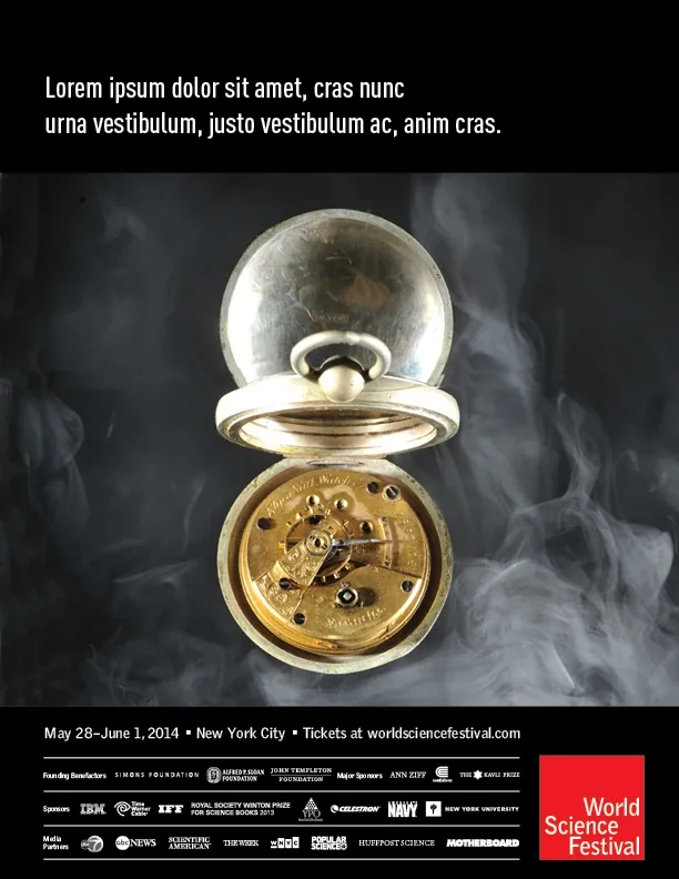 From the first set: an open pocket watch inside a glass globe, wrapped in smoke, under placeholder text