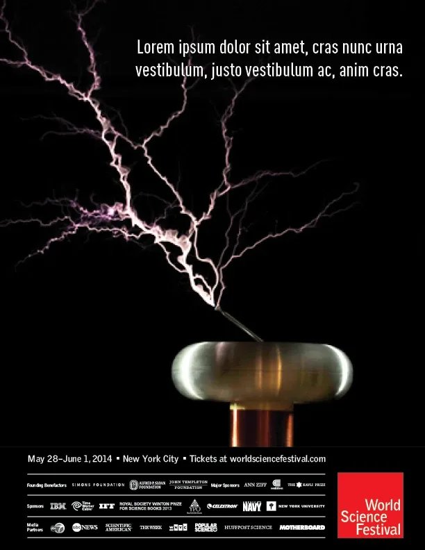 From the first set: purple lightning from a Tesla coil on black, under placeholder text