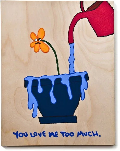 A red watering can pours into a flower pot until it overflows