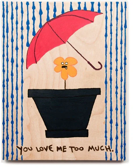 A red umbrella over a flower in a pot, blue rain all around
