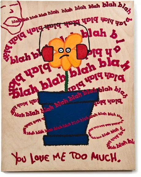 A flower in headphones, surrounded by the words blah blah blah